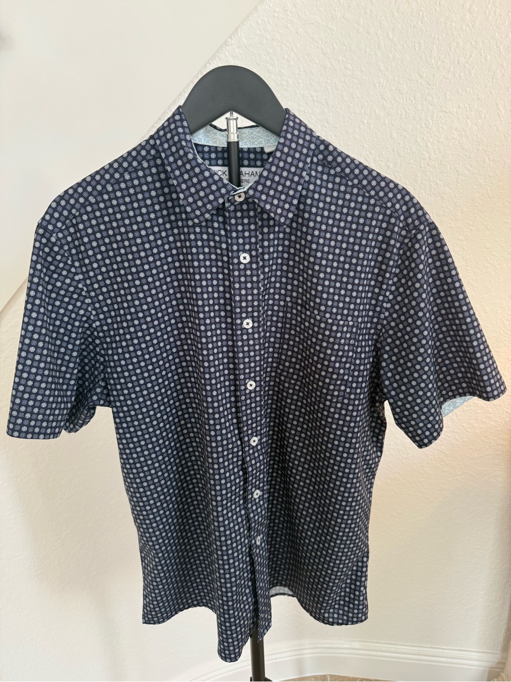 Nick Graham Navy Geo-Print Short Sleeve Button-Down Shirt